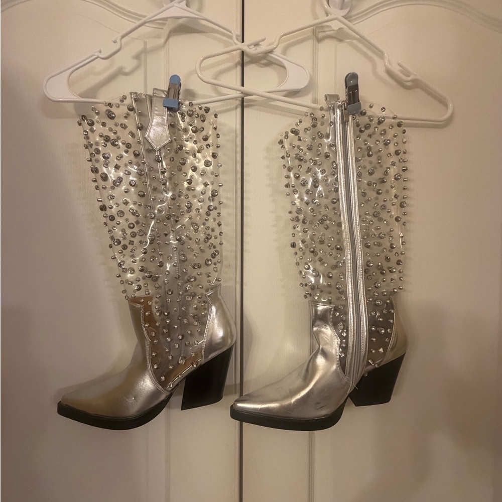 Glamorous Silver Studded Rhinestones w/side zipper Heeled Boots